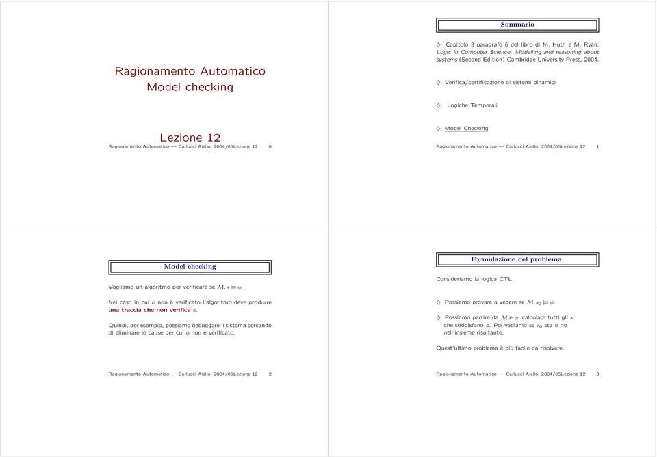 Verifica/certificazione di sistemi dinamici Logiche Temporali Lezione 12 Ragionamento Automatico Carlucci Aiello, 2004/05Lezione 12 0 Model Checking Ragionamento Automatico Carlucci Aiello,