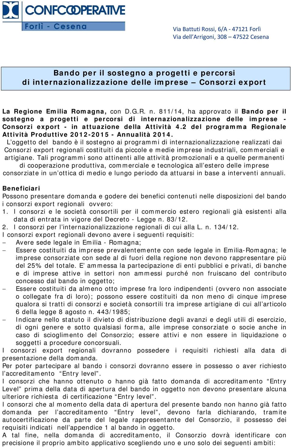 2 del programma Regionale Attività Produttive 2012-2015 - Annualità 2014.