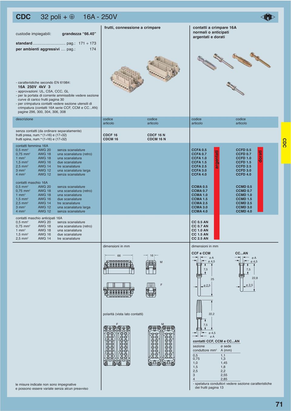 : connessione a crimpare contatti a crimpare A normali o anticipati argentati e dorati - caratteristiche secondo EN : A 0V kv curve di carico frutti pagina 0 - per crimpatura contatti vedere sezione