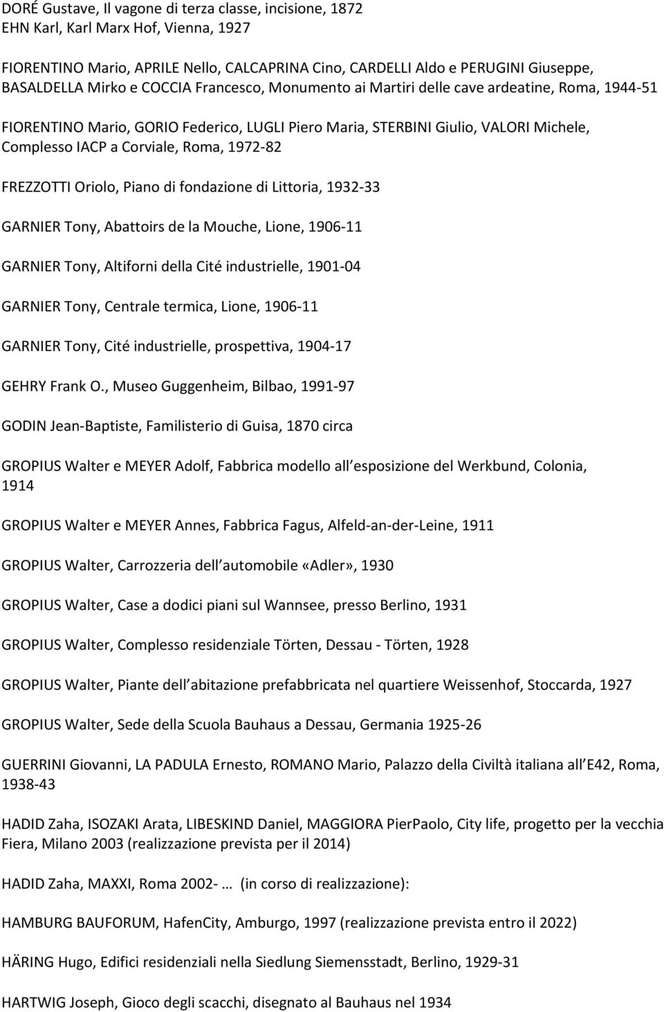 82 FREZZOTTI Oriolo, Piano di fondazione di Littoria, 1932 33 GARNIER Tony, Abattoirs de la Mouche, Lione, 1906 11 GARNIER Tony, Altiforni della Cité industrielle, 1901 04 GARNIER Tony, Centrale