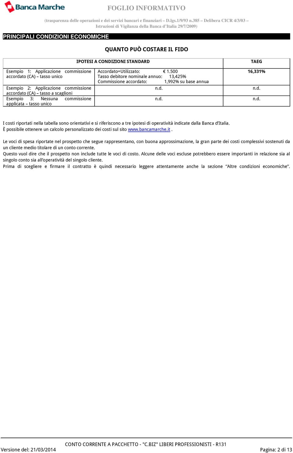 d. n.d. 16,331% n.d. n.d. I costi riportati nella tabella sono orientativi e si riferiscono a tre ipotesi di operatività indicate dalla Banca d Italia.