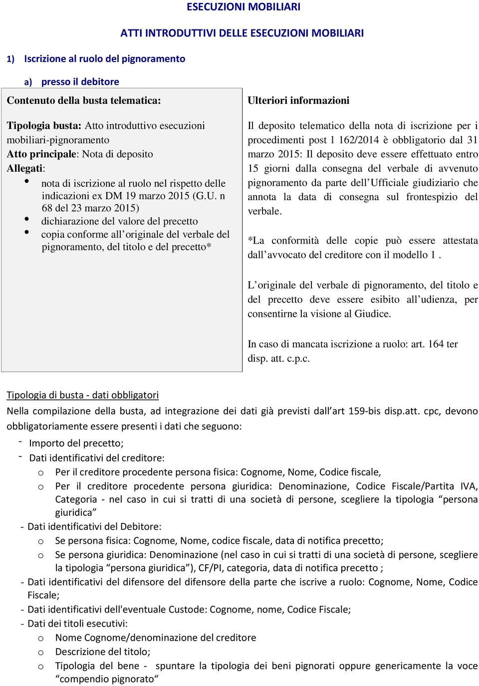 n 68 del 23 marzo 2015) dichiarazione del valore del precetto copia conforme all originale del verbale del pignoramento, del titolo e del precetto* Il deposito telematico della nota di iscrizione per