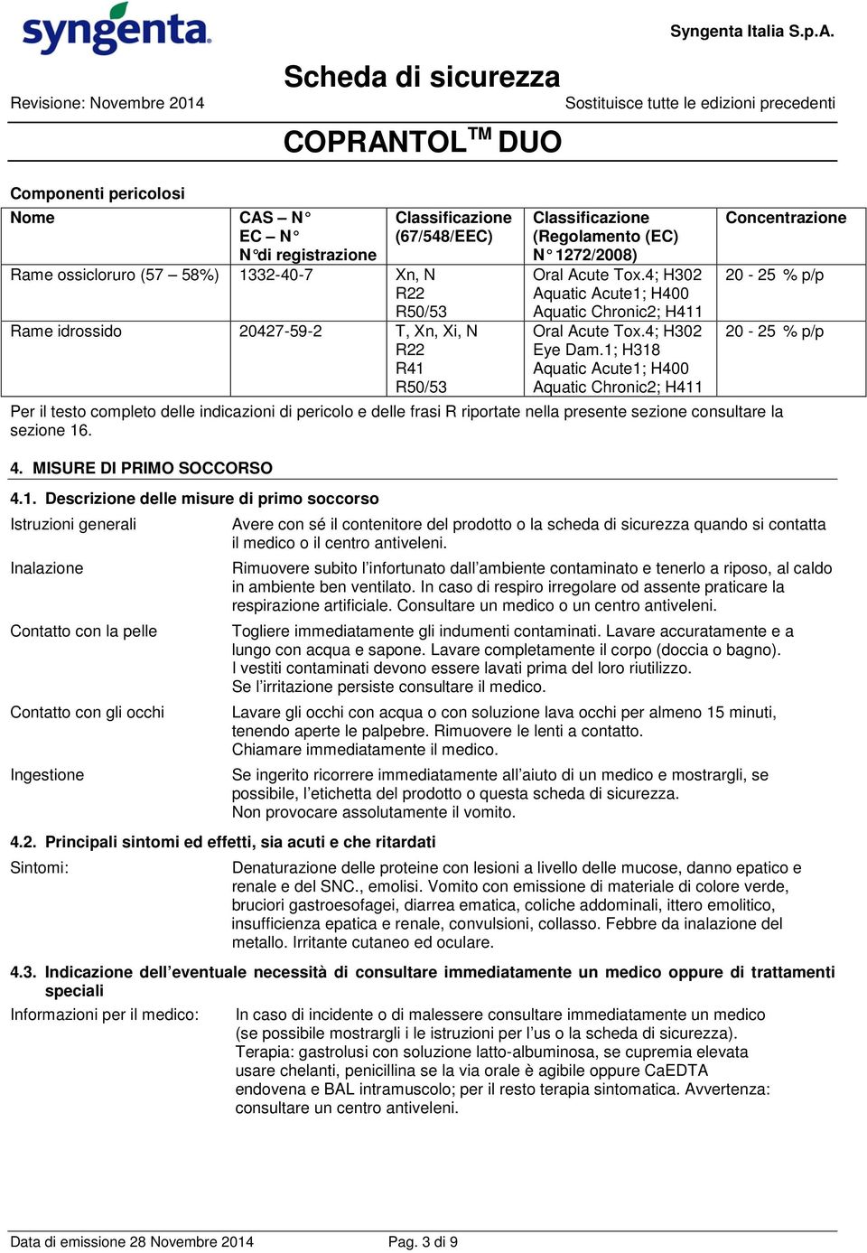 1; H318 Aquatic Acute1; H400 Aquatic Chronic2; H411 Concentrazione 20-25 % p/p 20-25 % p/p Per il testo completo delle indicazioni di pericolo e delle frasi R riportate nella presente sezione