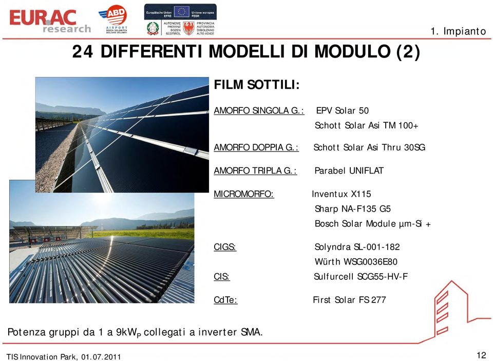 : MICROMORFO: CIGS: CIS: Schott Solar Asi Thru 30SG Parabel UNIFLAT Inventux X115 Sharp NA-F135 G5 Bosch Solar