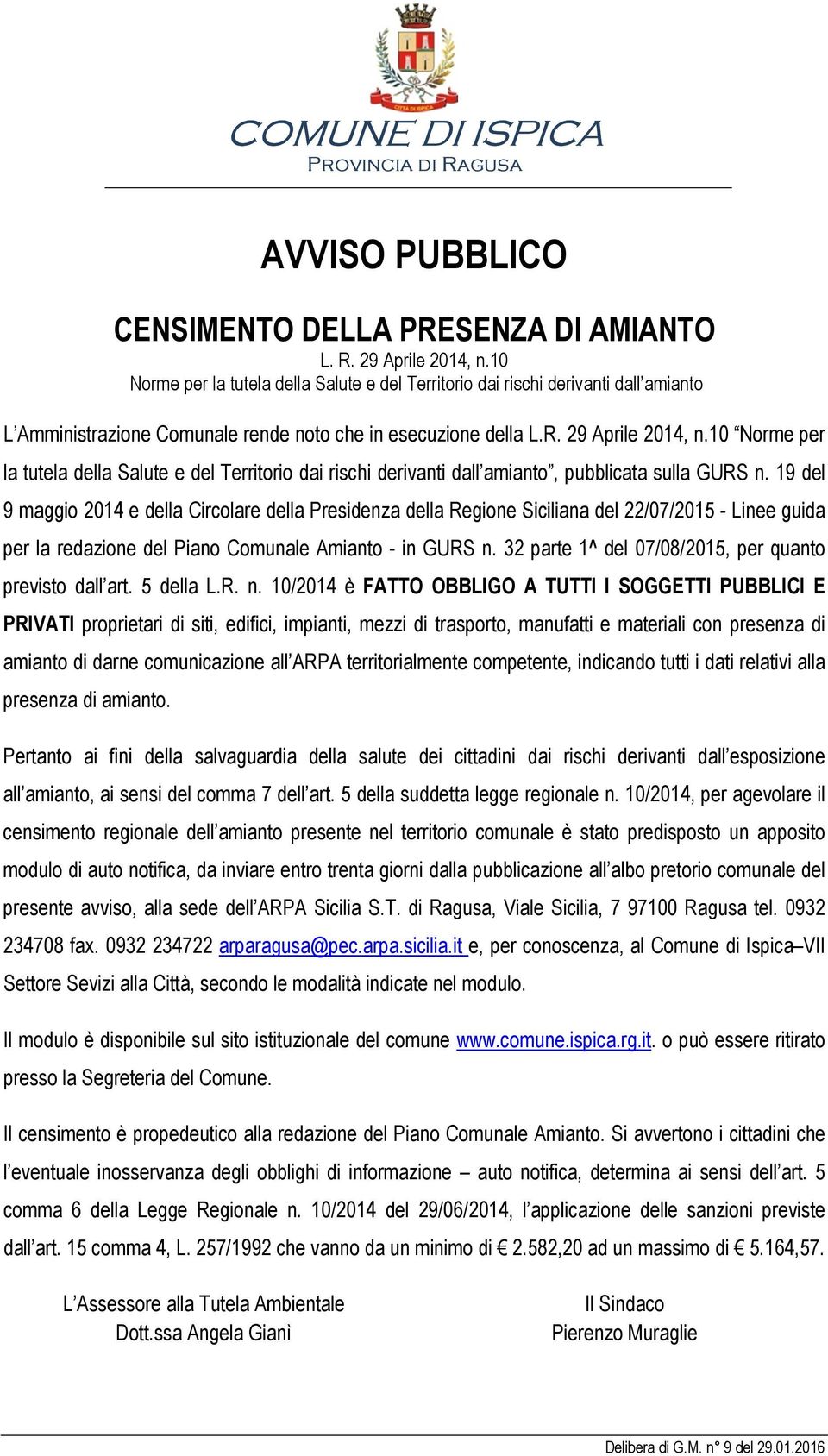 10 Norme per la tutela della Salute e del Territorio dai rischi derivanti dall amianto, pubblicata sulla GURS n.