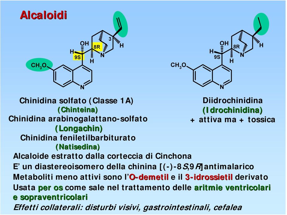 diastereoisomero della chinina [(-)-8S,9R]antimalarico Metaboliti meno attivi sono l -demetil e il 3-idrossietil derivato Usata per