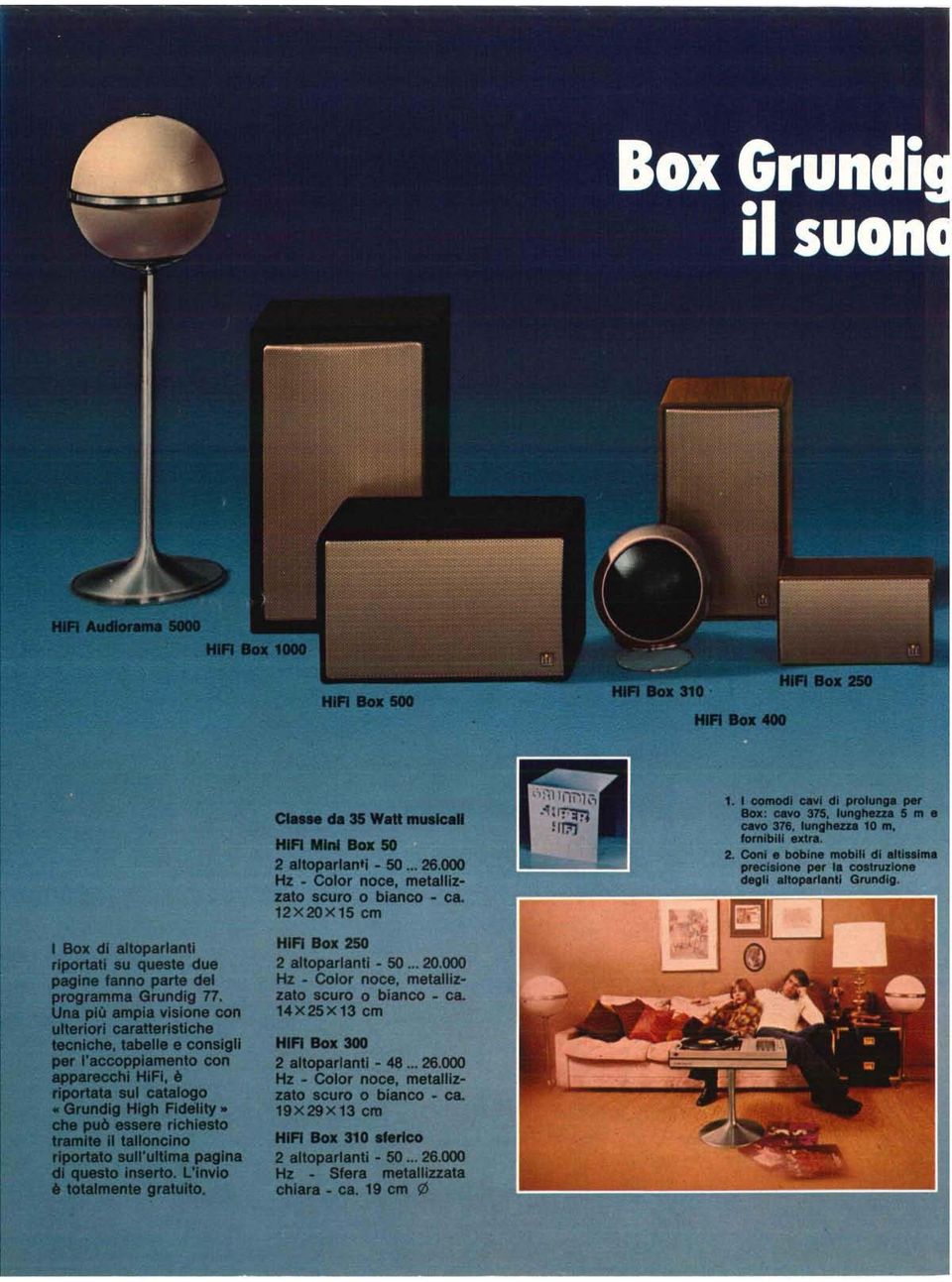 Coni e bobine mobili di altissima precisione per la costruzione degli altoparlanti Grundig. I Box di altoparlanti riportati su queste due pagine fanno parte del programma Grundig 77.