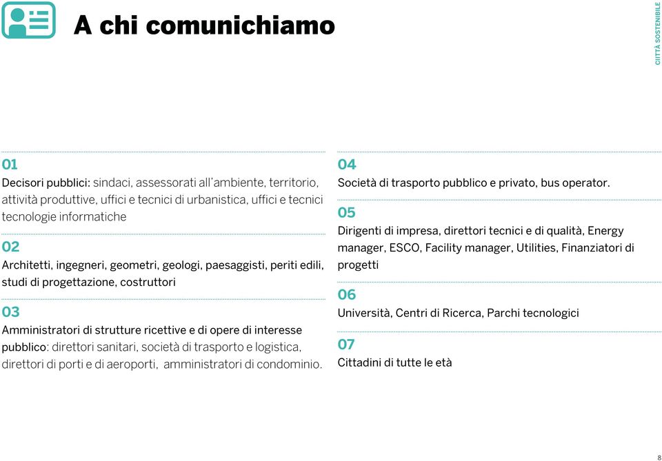 pubblico: direttori sanitari, società di trasporto e logistica, direttori di porti e di aeroporti, amministratori di condominio. 04 Società di trasporto pubblico e privato, bus operator.