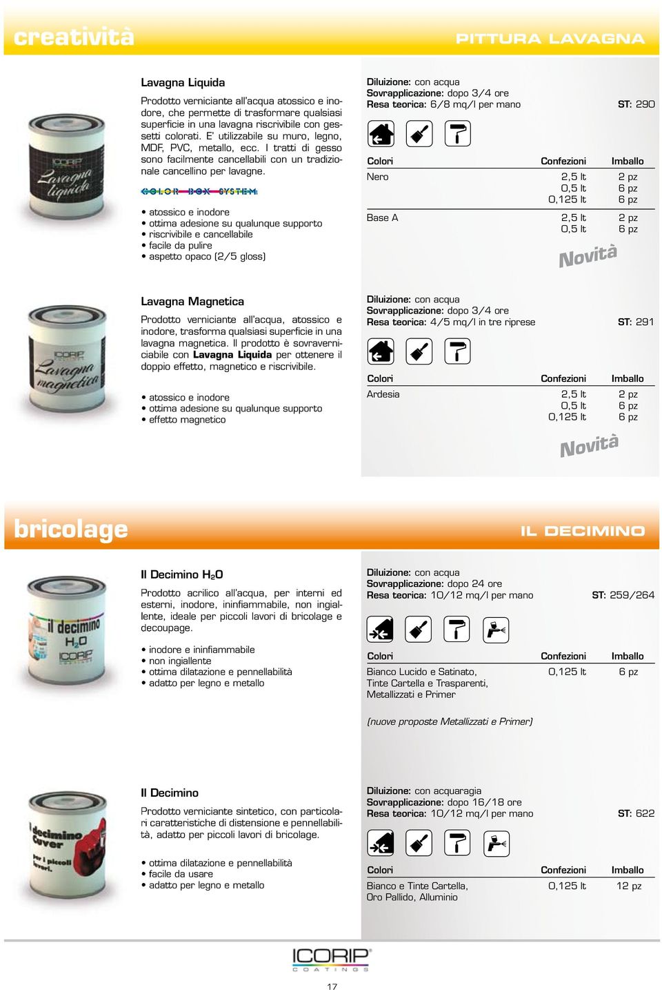 atossico e inodore ottima adesione su qualunque supporto riscrivibile e cancellabile facile da pulire aspetto opaco (2/5 gloss) Sovrapplicazione: dopo 3/4 ore Resa teorica: 6/8 mq/l per mano ST: 290