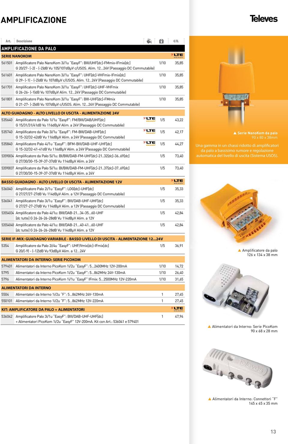 ..24V (Passaggio DC Commutabile) 561701 Amplificatore Palo NanoKom 3i/1u EasyF : UHF[dc]-UHF-VHFmix 1/10 35,85 26-26- (-1)dB Vu 107dBµV Alim. 12.