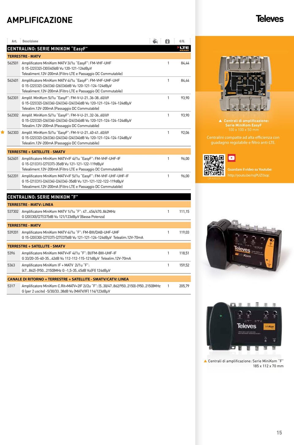 12V-200mA (Filtro LTE e Passaggio DC Commutabile) 562301 Amplif. MiniKom 5i/1u EasyF : FM-V-U-21..36-38..60/69 1 93,90 15-(22 32)-(26 36)-(24 34)-(24 34)dB Vu 120-121-124-124-124dBµV Telealim.