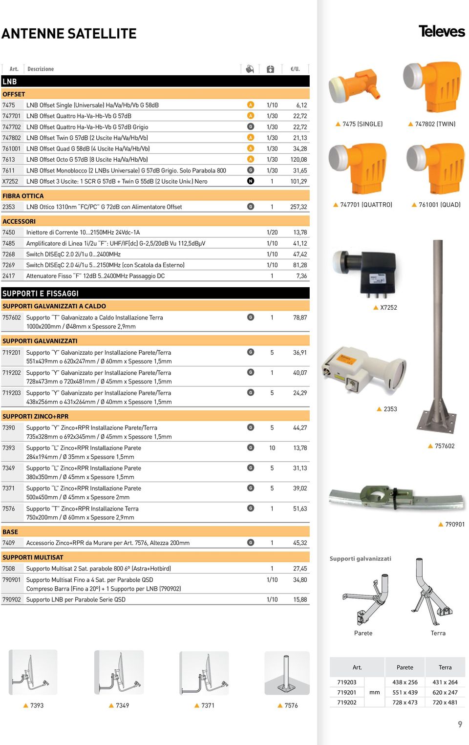 120,08 7611 LNB Offset Monoblocco (2 LNBs Universale) 57dB rigio. Solo Parabola 800 1/30 31,65 X7252 LNB Offset 3 Uscite: 1 SCR 57dB + Twin 55dB (2 Uscite Univ.