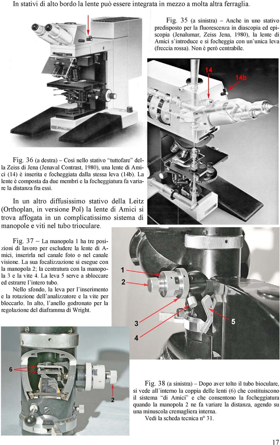 rossa). Non è però centrabile. Fig. 36 (a destra) Così nello stativo tuttofare della Zeiss di Jena (Jenaval Contrast, 1980), una lente di Amici (14) è inserita e focheggiata dalla stessa leva (14b).