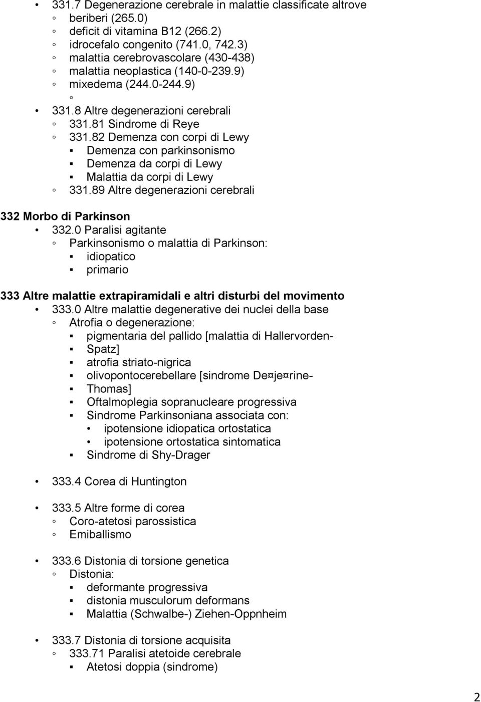 82 Demenza con corpi di Lewy Demenza con parkinsonismo Demenza da corpi di Lewy Malattia da corpi di Lewy 331.89 Altre degenerazioni cerebrali 332 Morbo di Parkinson 332.