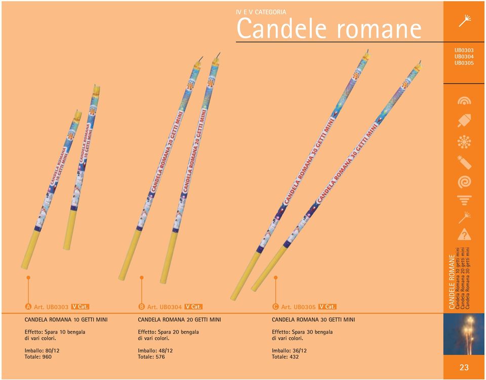 ROMANA 10 GETTI MINI CANDELA ROMANA 20 GETTI MINI CANDELA ROMANA 30 GETTI MINI Effetto: Spara 10 bengala di vari