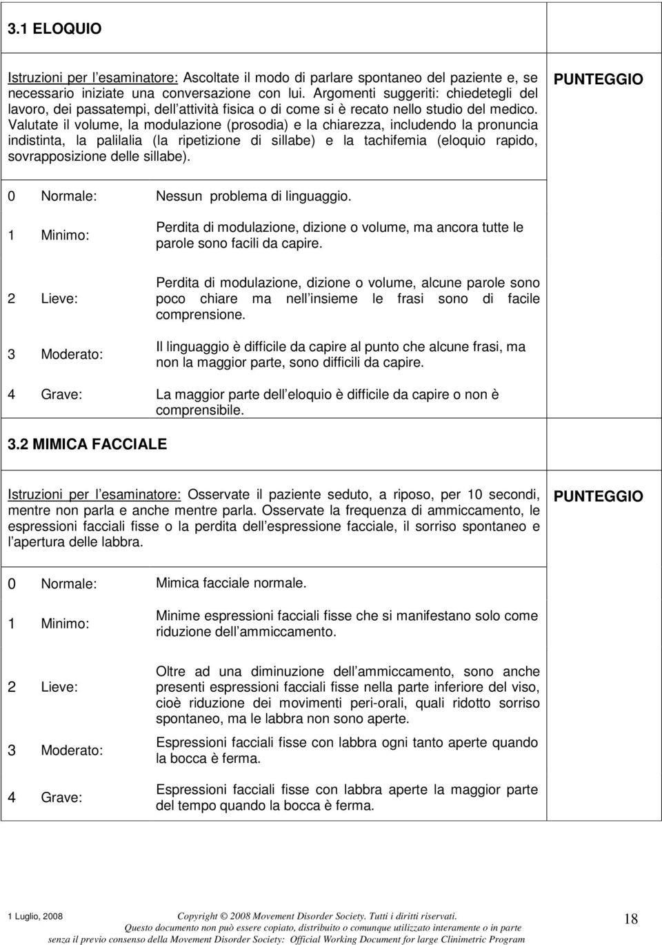 Valutate il volume, la modulazione (prosodia) e la chiarezza, includendo la pronuncia indistinta, la palilalia (la ripetizione di sillabe) e la tachifemia (eloquio rapido, sovrapposizione delle