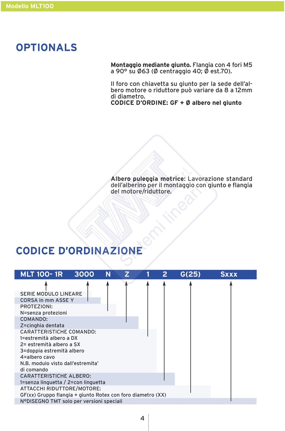 CODICE D ORDINE: GF + Ø albero nel giunto Albero puleggia motrice: Lavorazione standard dell alberino per il montaggio con giunto e flangia del motore/riduttore.