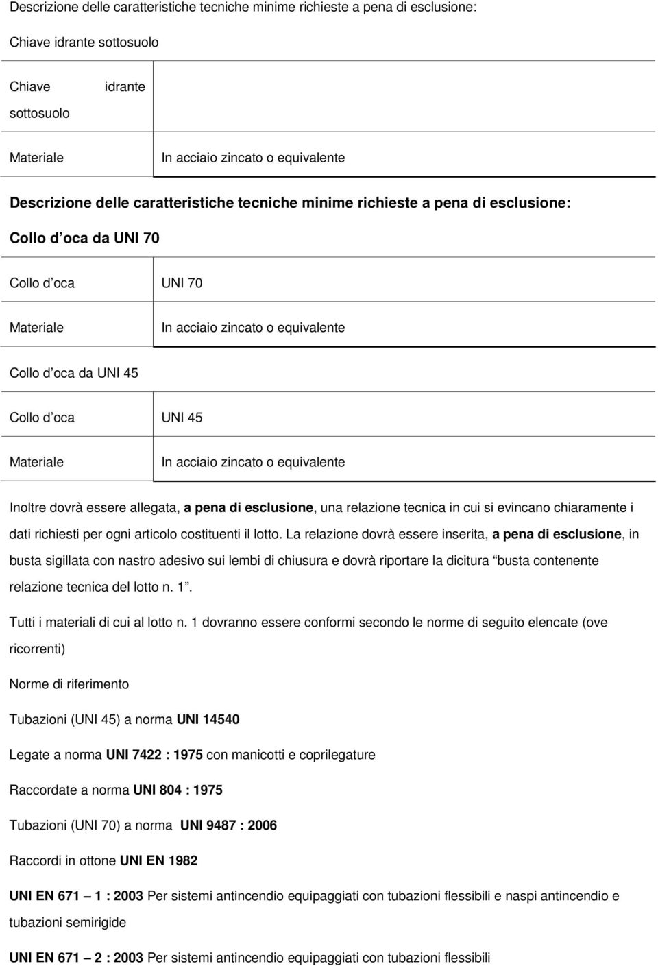 Inoltre dovrà essere allegata, a pena esclusione, una relazione tecnica in cui si evincano chiaramente i dati richiesti per ogni articolo costituenti il lotto.