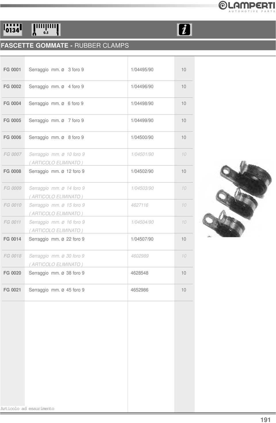 ø 12 foro 9 1/04502/90 10 FG 0009 Serraggio mm. ø 14 foro 9 1/04503/90 10 ( ARTICOLO ELIMINATO ) FG 0010 Serraggio mm. ø 15 foro 9 4627116 10 ( ARTICOLO ELIMINATO ) FG 0011 Serraggio mm.