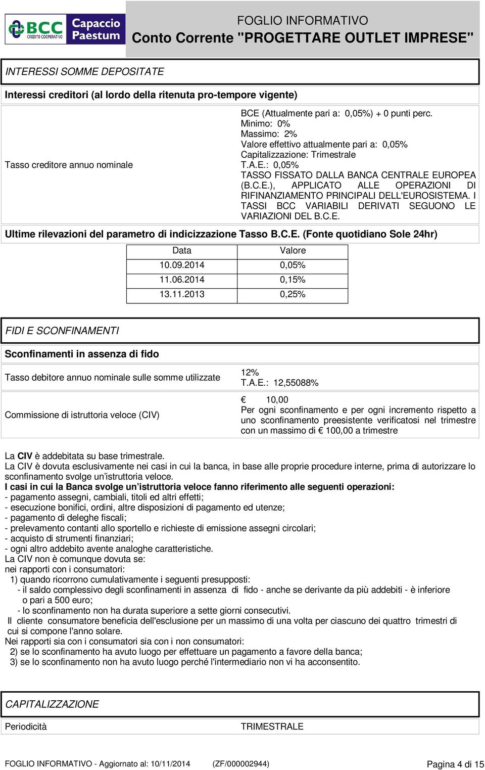 I TASSI BCC VARIABILI DERIVATI SEGUONO LE VARIAZIONI DEL B.C.E. Ultime rilevazioni del parametro di indicizzazione Tasso B.C.E. (Fonte quotidiano Sole 24hr) Data Valore 10.09.2014 0,05% 11.06.