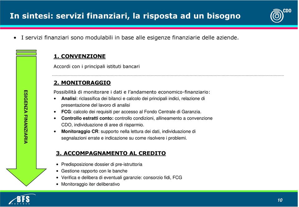 MONITORAGGIO ESIGENZA FINANZIARIA Possibilità di monitorare i dati e l andamento economico-finanziario: Analisi: riclassifica dei bilanci e calcolo dei principali indici, relazione di presentazione