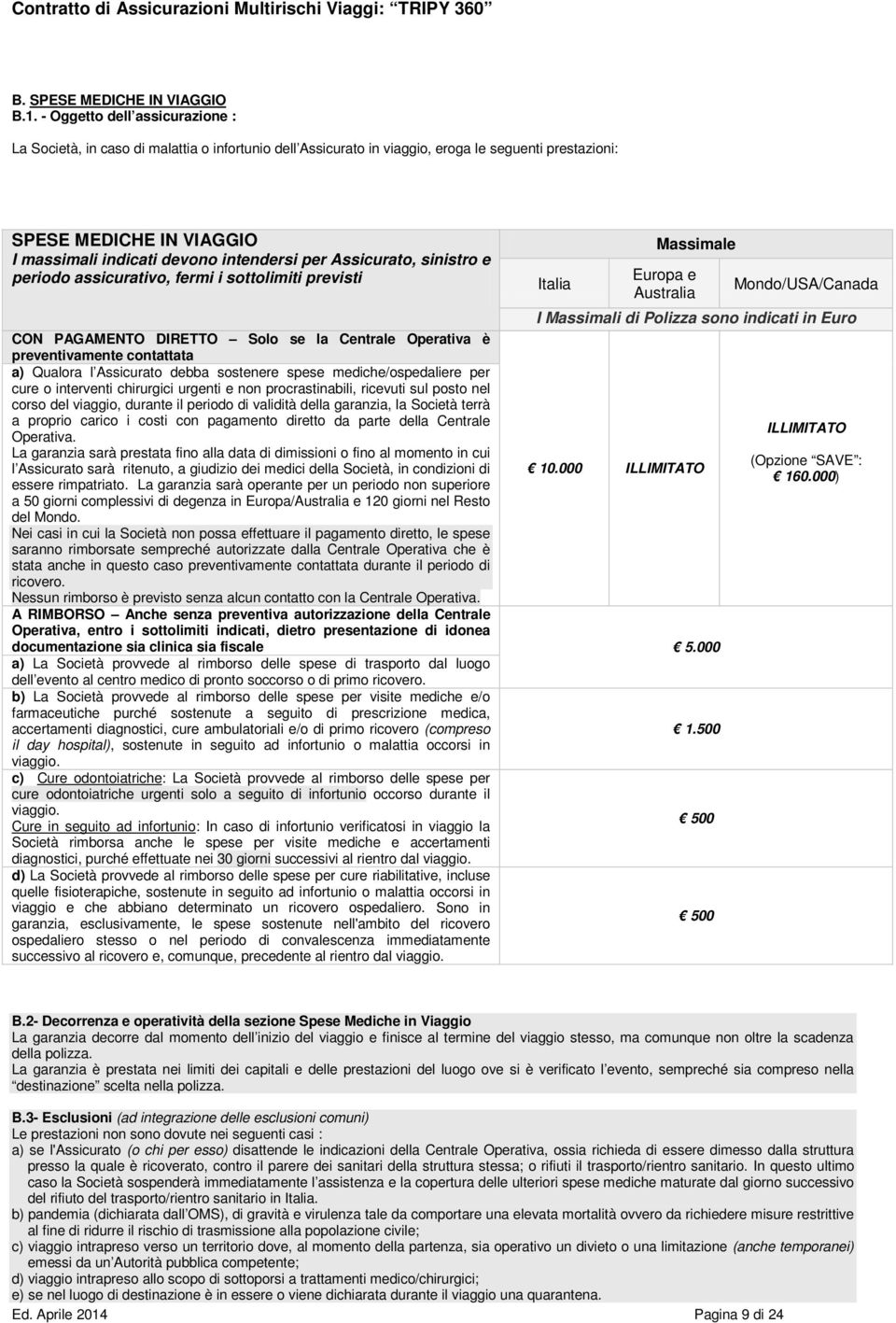 per Assicurato, sinistro e periodo assicurativo, fermi i sottolimiti previsti CON PAGAMENTO DIRETTO Solo se la Centrale Operativa è preventivamente contattata a) Qualora l Assicurato debba sostenere