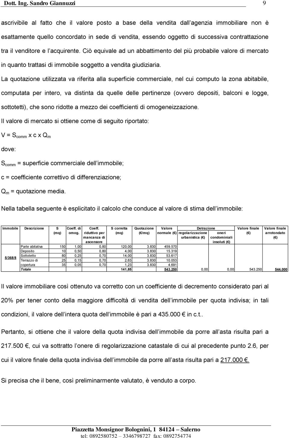 contrattazione tra il venditore e l acquirente. Ciò equivale ad un abbattimento del più probabile valore di mercato in quanto trattasi di immobile soggetto a vendita giudiziaria.