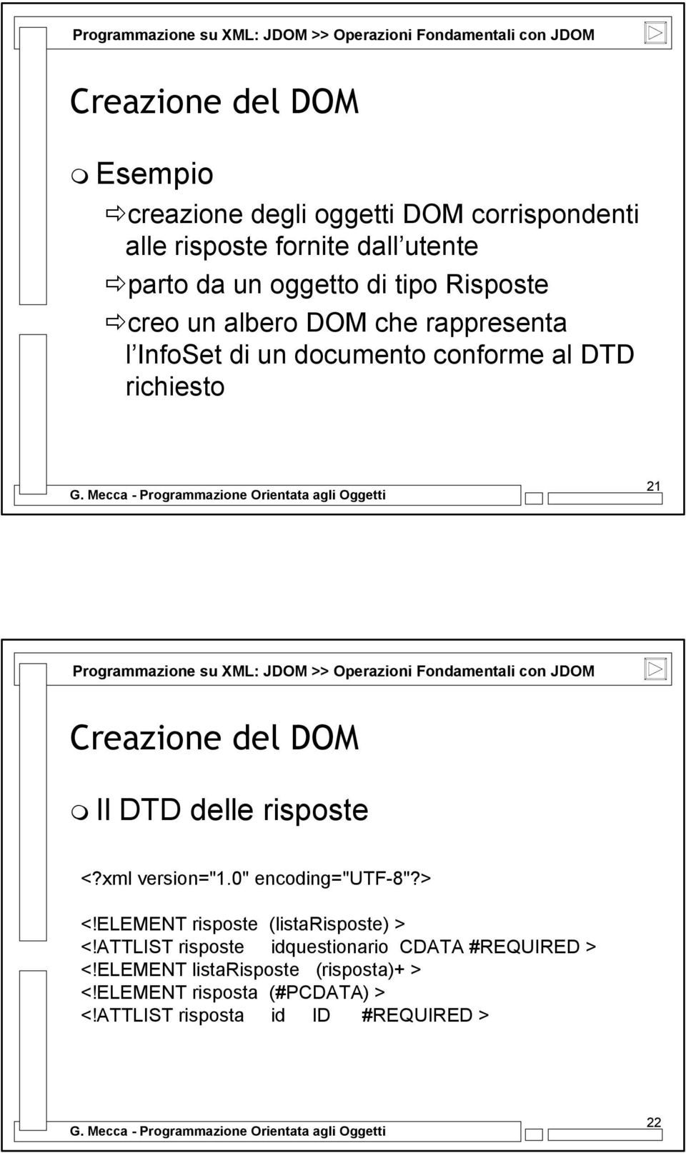 Fondamentali con JDOM Creazione del DOM Il DTD delle risposte <?xml version="1.0" encoding="utf-8"?> <!ELEMENT risposte (listarisposte) > <!