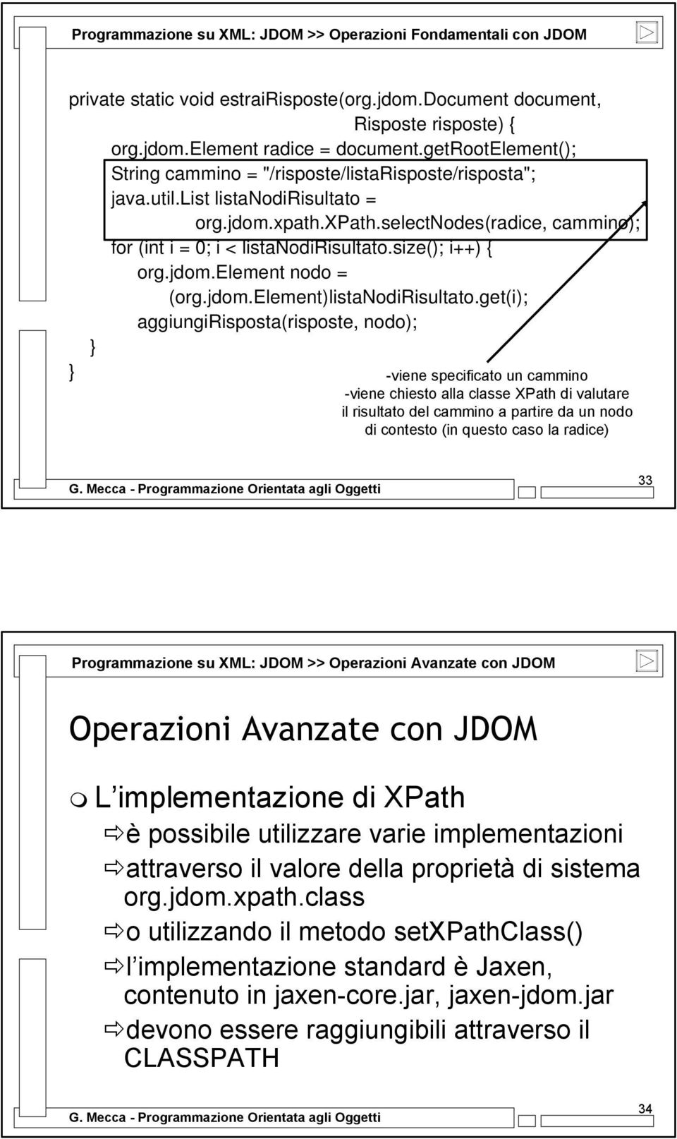 get(i); aggiungirisposta(risposte, nodo); -viene specificato un cammino -viene chiesto alla classe XPath di valutare il risultato del cammino a partire da un nodo di contesto (in questo caso la