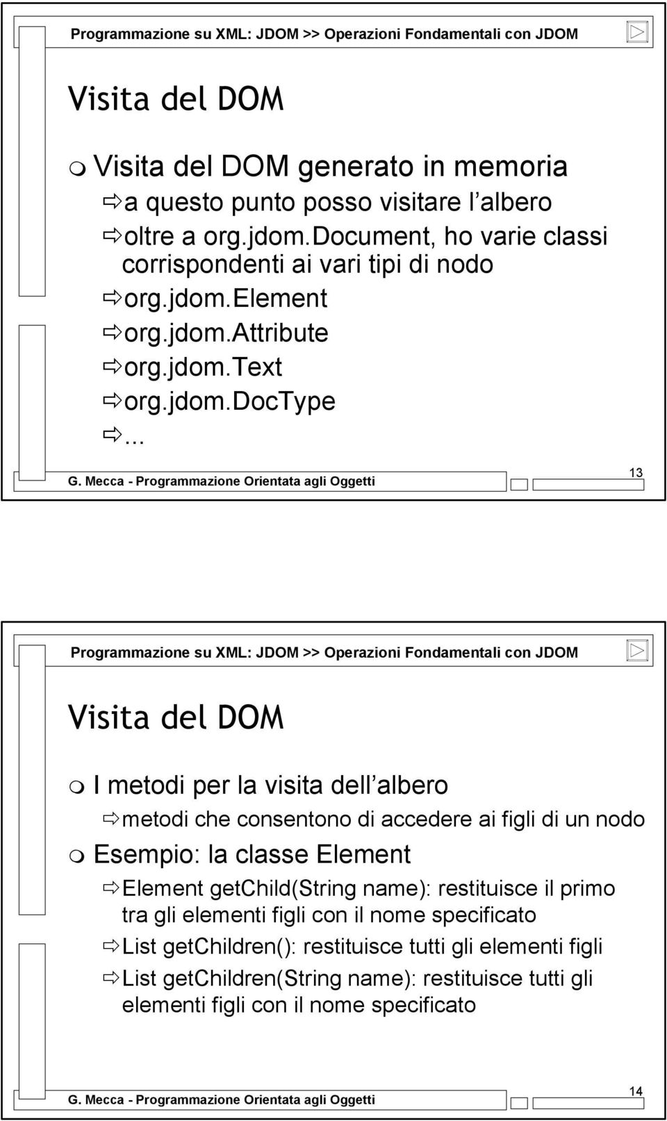 .. 13 Programmazione su XML: JDOM >> Operazioni Fondamentali con JDOM Visita del DOM I metodi per la visita dell albero metodi che consentono di accedere ai figli di un