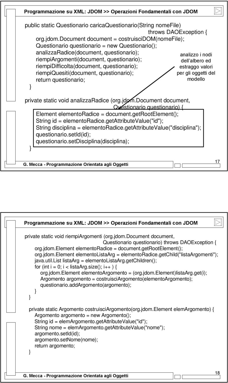 riempidifficolta(document, questionario); riempiquesiti(document, questionario); return questionario; analizzo i nodi dell albero ed estraggo valori per gli oggetti del modello private static void