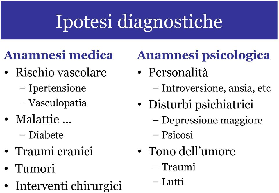 .. Diabete Traumi cranici Tumori Interventi chirurgici Anamnesi