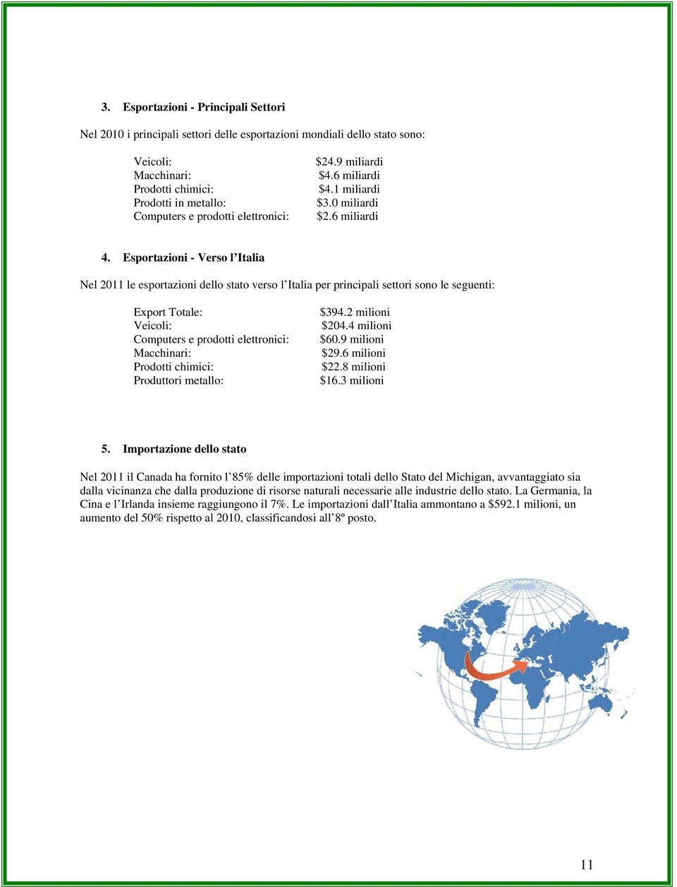 Esportazioni - Verso l Italia Nel 2011 le esportazioni dello stato verso l Italia per principali settori sono le seguenti: Export Totale: Veicoli: Computers e prodotti elettronici: Macchinari: