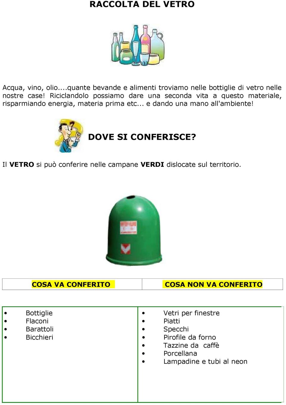 .. e dando una mano all'ambiente! DOVE SI CONFERISCE? Il VETRO si può conferire nelle campane VERDI dislocate sul territorio.