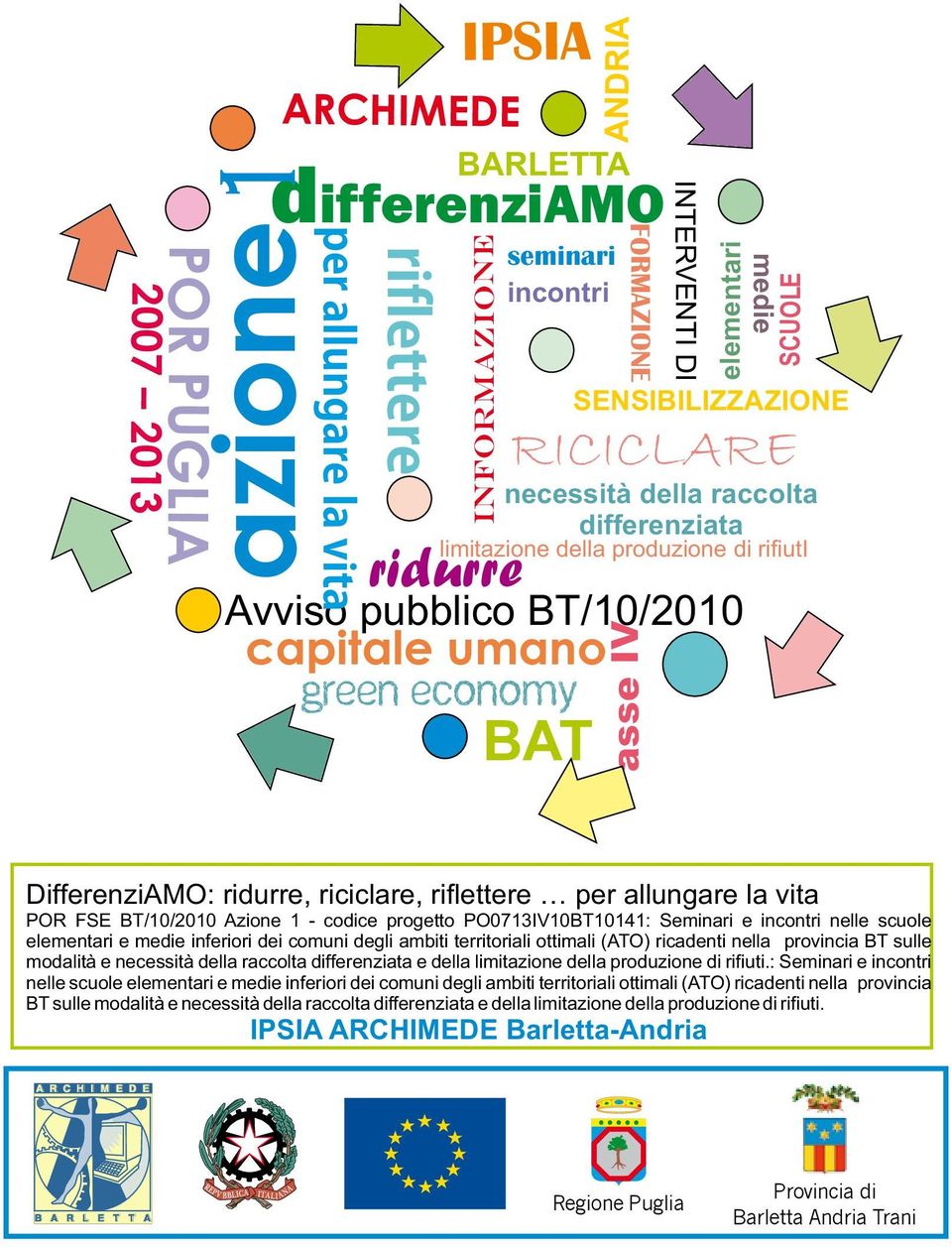 riflettere allungare la vita POR FSE BT/10/2010 Azione 1 - codice progetto PO0713IV10BT10141: Seminari e incontri nelle scuole elementari e medie inferiori dei comuni degli ambiti territoriali