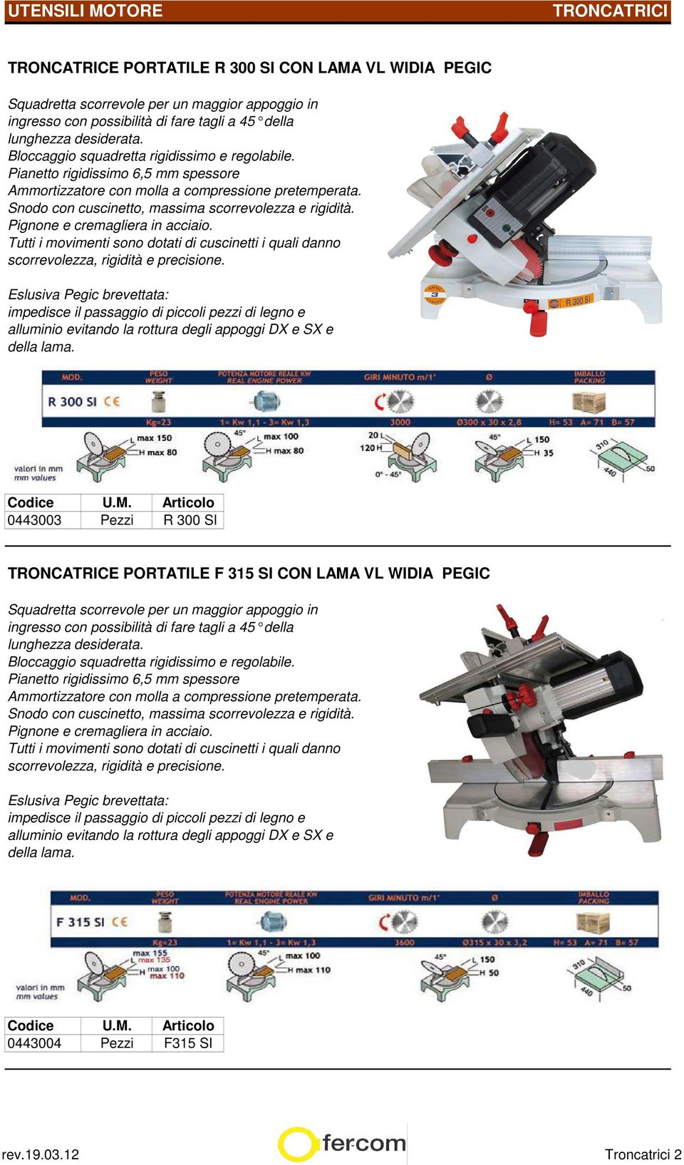 0443003 Pezzi R 300 SI TRONCATRICE PORTATILE F 315 SI CON LAMA VL WIDIA PEGIC Eslusiva Pegic brevettata: impedisce il