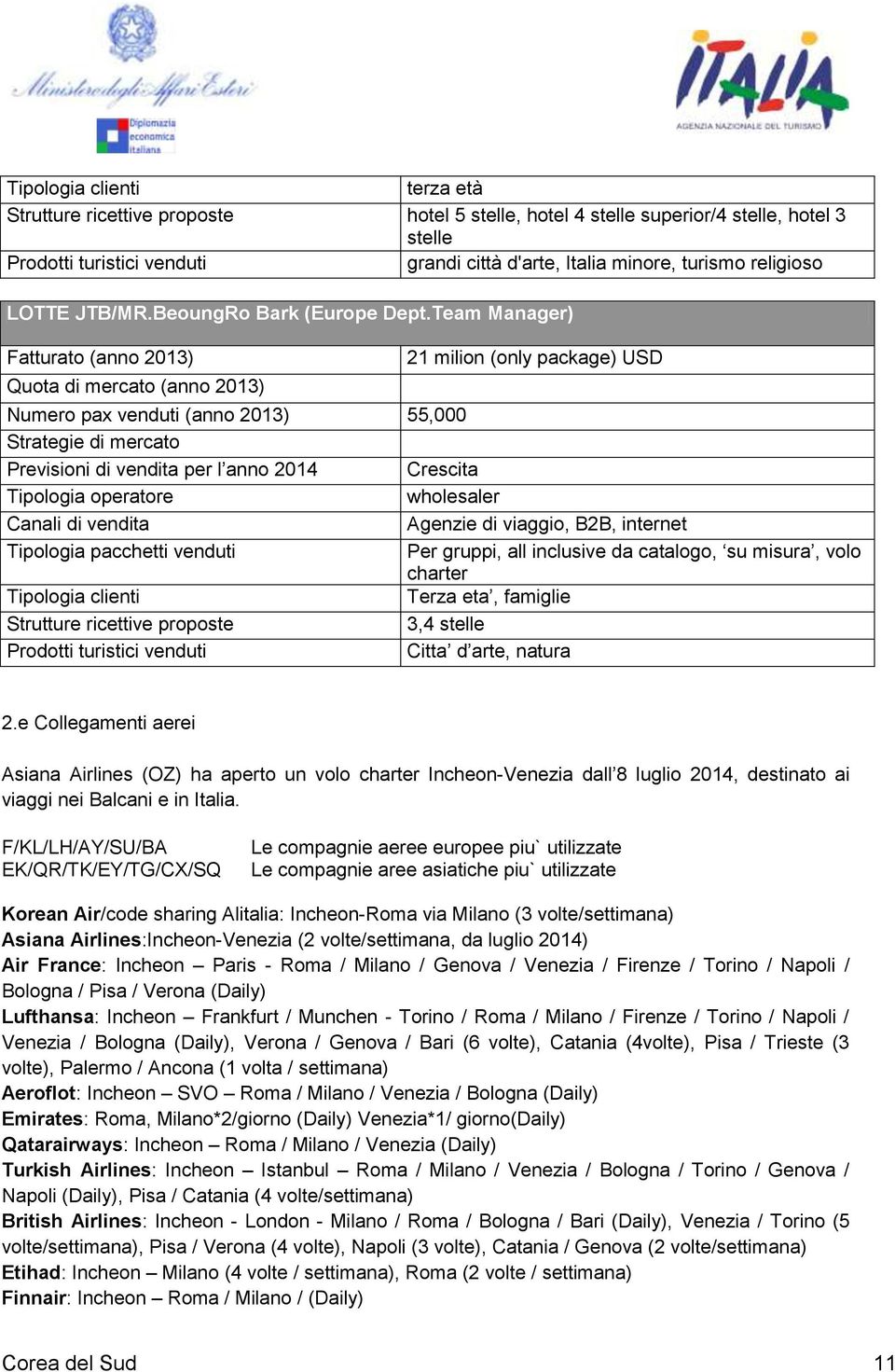 Team Manager) Fatturato (anno 2013) Quota di mercato (anno 2013) 21 milion (only package) USD Numero pax venduti (anno 2013) 55,000 Strategie di mercato Previsioni di vendita per l anno 2014 Crescita