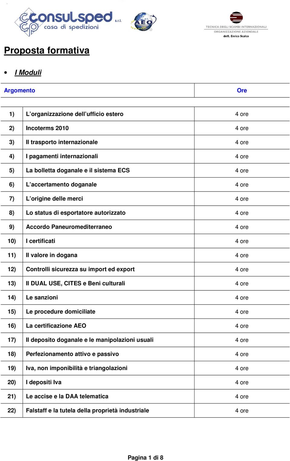 ore 11) Il valore in dogana 4 ore 12) Controlli sicurezza su import ed export 4 ore 13) Il DUAL USE, CITES e Beni culturali 4 ore 14) Le sanzioni 4 ore 15) Le procedure domiciliate 4 ore 16) La