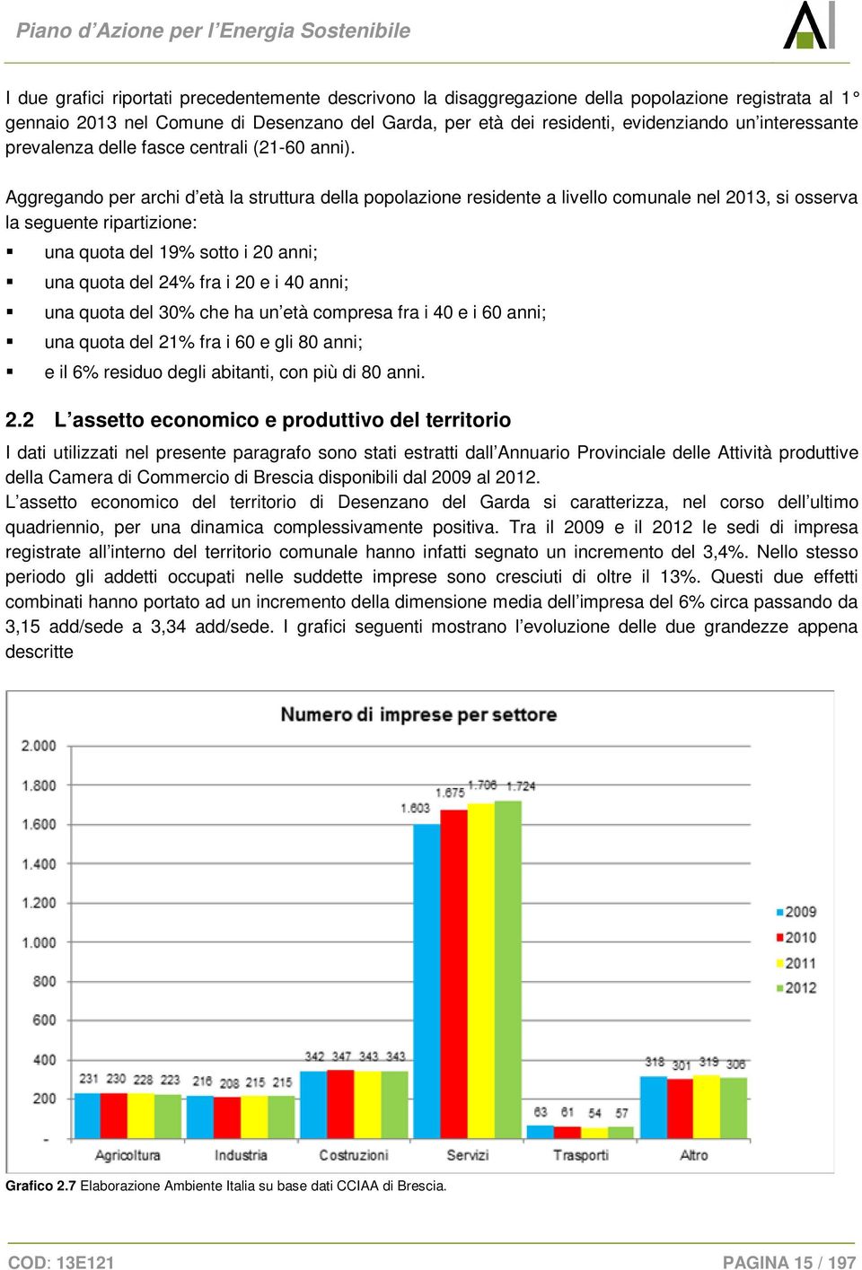 Aggregando per archi d età la struttura della popolazione residente a livello comunale nel 2013, si osserva la seguente ripartizione: una quota del 19% sotto i 20 anni; una quota del 24% fra i 20 e i