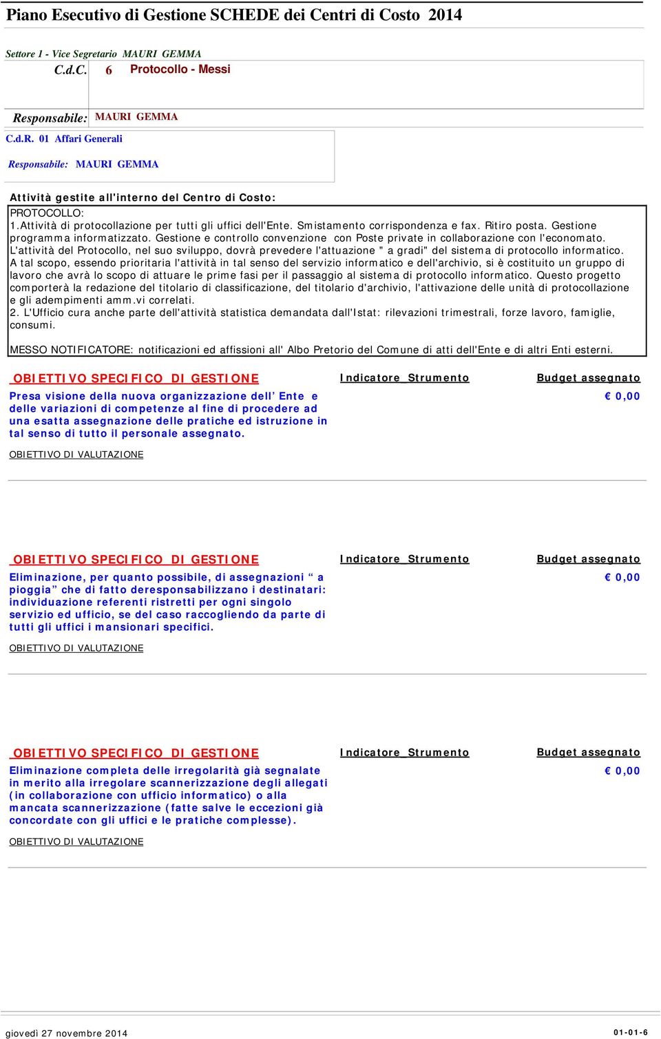 Attività di protocollazione per tutti gli uffici dell'ente. Smistamento corrispondenza e fax. Ritiro posta. Gestione programma informatizzato.