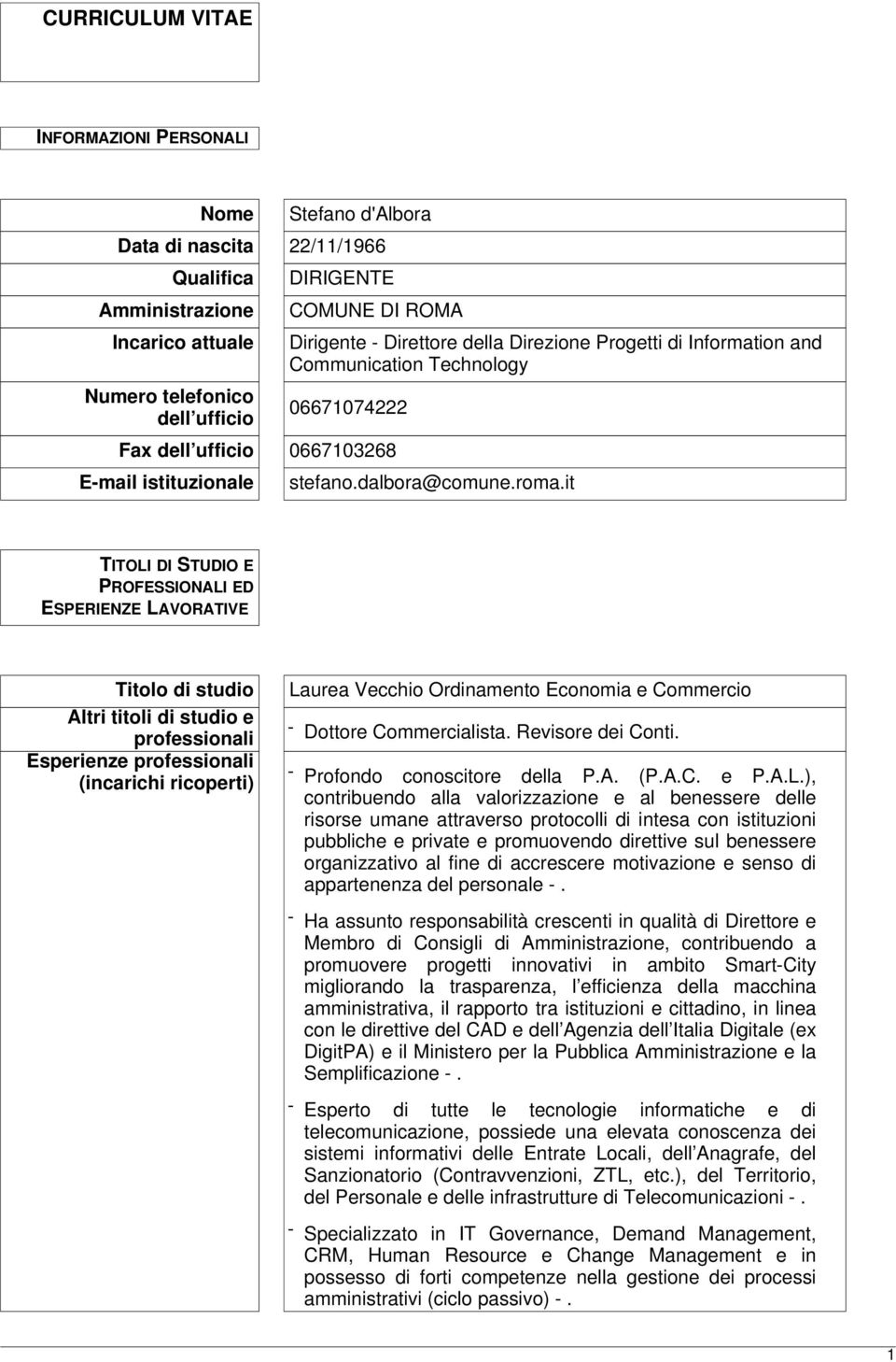 it TITOLI DI STUDIO E PROFESSIONALI ED ESPERIENZE LAVORATIVE Titolo di studio Altri titoli di studio e professionali Esperienze professionali (incarichi ricoperti) Laurea Vecchio Ordinamento Economia