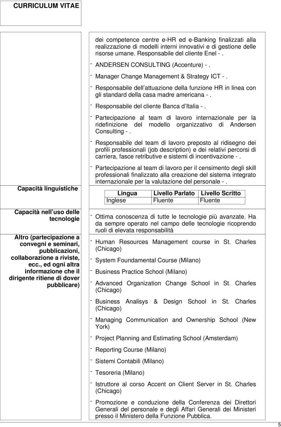 - Responsabile del cliente Banca d Italia -. - Partecipazione al team di lavoro internazionale per la ridefinizione del modello organizzativo di Andersen Consulting -.