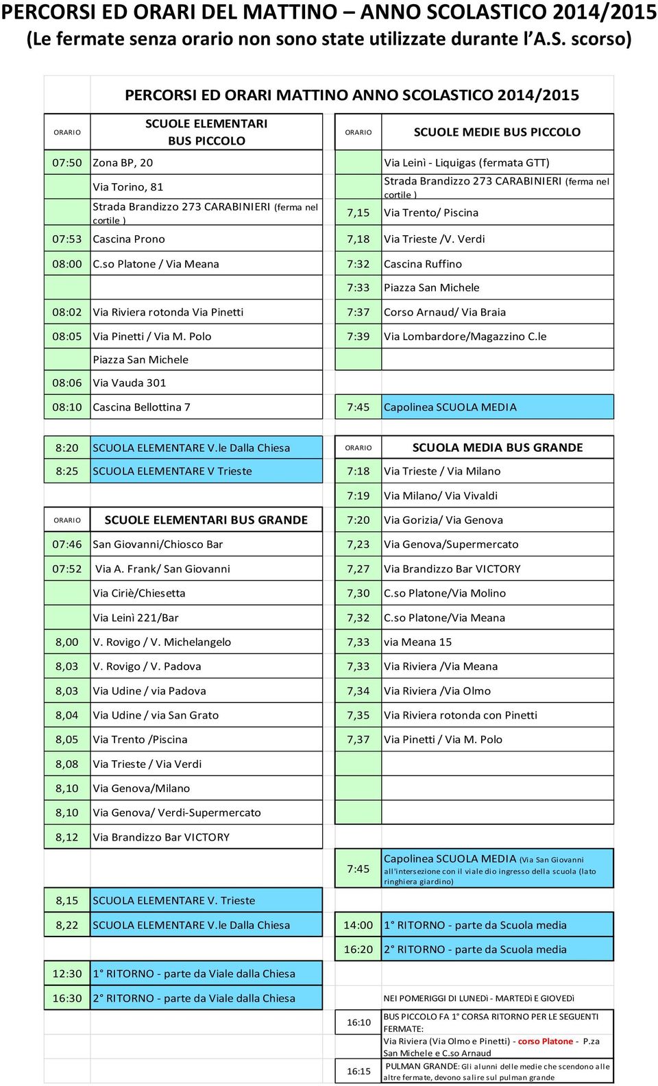 OLASTICO 2014/2015 (Le fermate senza orario non sono state utilizzate durante l A.S. scorso)  ED ORARI MATTINO ANNO SCOLASTICO 2014/2015 ORARIO SCUOLE ELEMENTARI BUS PICCOLO ORARIO SCUOLE MEDIE BUS