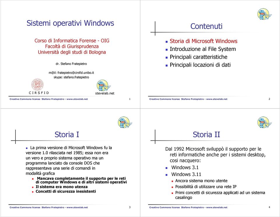 fratepietro C I R S F I D stevelab.net Creative Commons license Stefano Fratepietro - www.stevelab.net 1 Creative Commons license Stefano Fratepietro - www.stevelab.net 2 Storia I La prima versione di Microsoft Windows fu la versione 1.