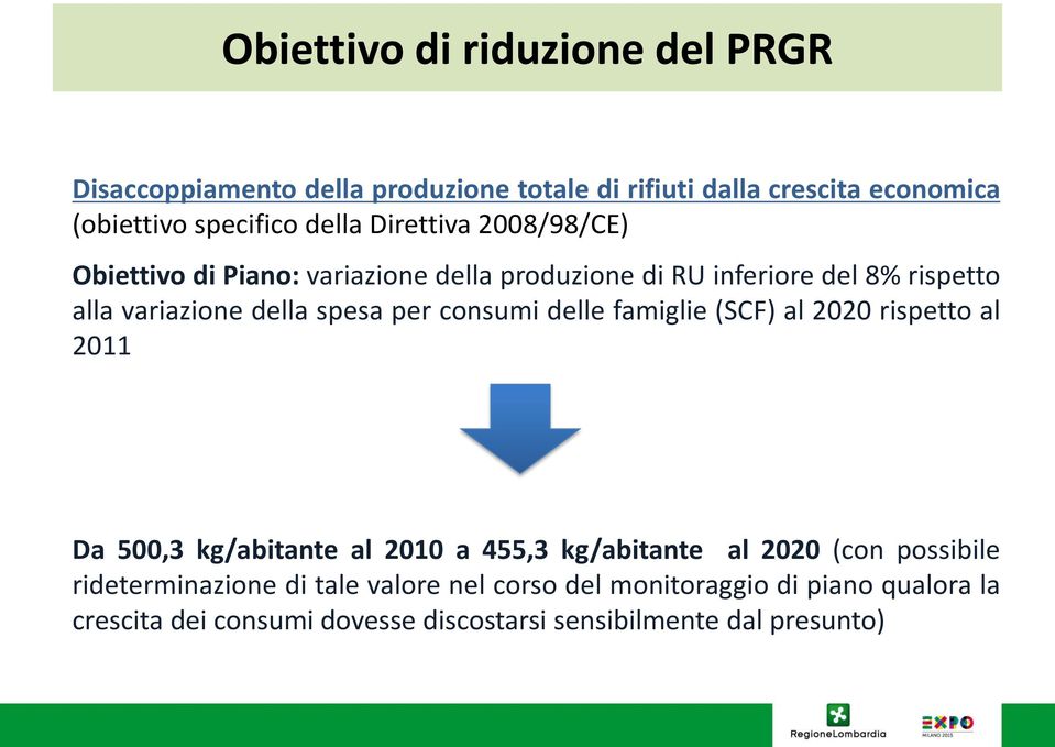 consumi delle famiglie (SCF) al 2020 rispetto al 2011 Da 500,3 kg/abitante al 2010 a 455,3 kg/abitante al 2020 (con possibile