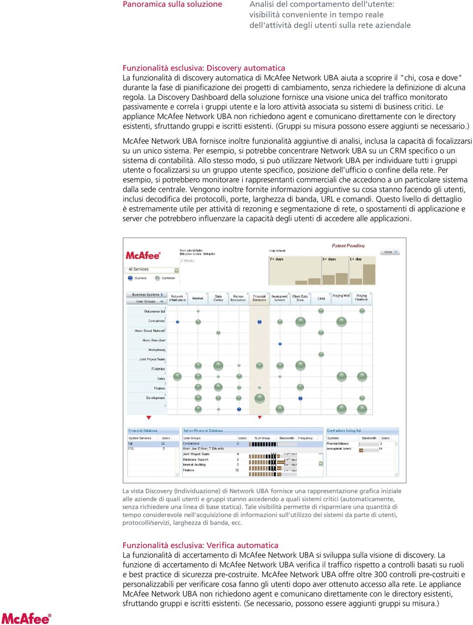 La Discovery Dashboard della soluzione fornisce una visione unica del traffico monitorato passivamente e correla i gruppi utente e la loro attività associata su sistemi di business critici.