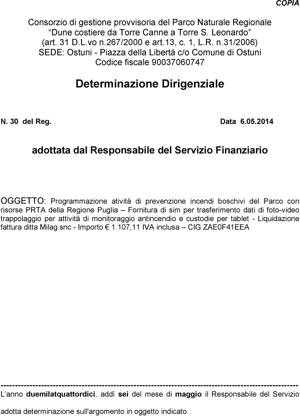 2014 adottata dal Responsabile del Servizio Finanziario OGGETTO: Programmazione atività di prevenzione incendi boschivi del Parco con risorse PRTA della Regione Puglia Fornitura di sim per