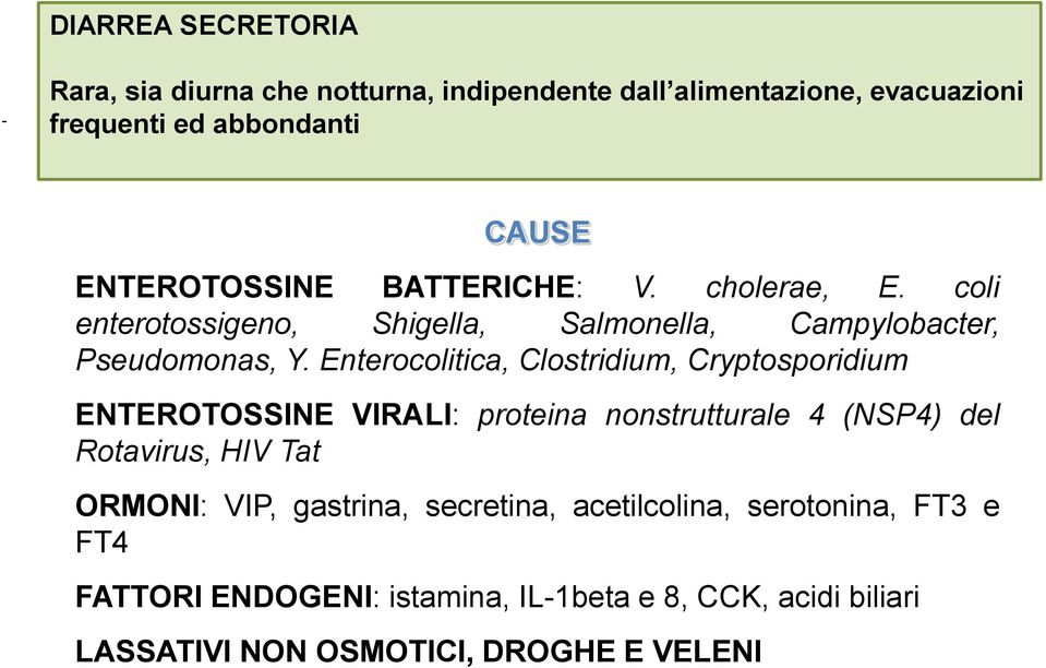 Enterocolitica, Clostridium, Cryptosporidium ENTEROTOSSINE VIRALI: proteina nonstrutturale 4 (NSP4) del Rotavirus, HIV Tat ORMONI: