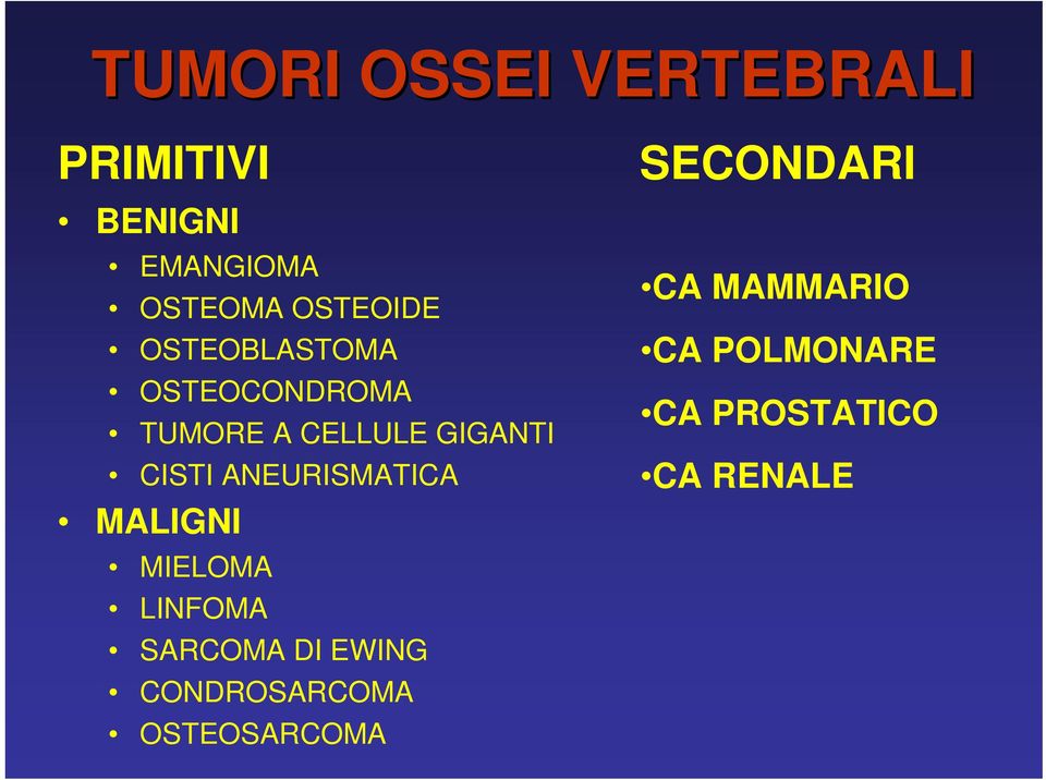 CISTI ANEURISMATICA MALIGNI MIELOMA LINFOMA SARCOMA DI EWING