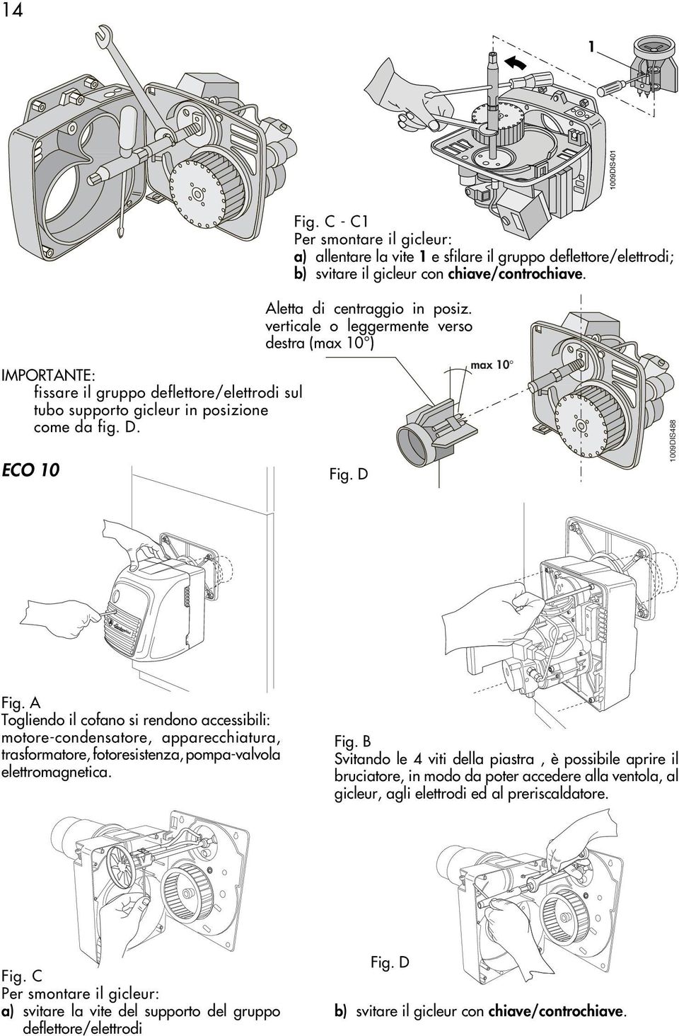 D max 10 1009DIS488 1009DIS401 Fig. A Togliendo il cofano si rendono accessibili: motore-condensatore, apparecchiatura, trasformatore, fotoresistenza, pompa-valvola elettromagnetica. Fig. B Svitando le 4 viti della piastra, è possibile aprire il bruciatore, in modo da poter accedere alla ventola, al gicleur, agli elettrodi ed al preriscaldatore.